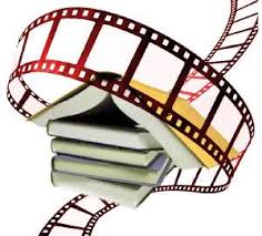 Image of pile of books with swirling cine film