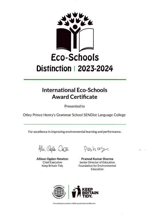 Eco Schools Distinction certificate