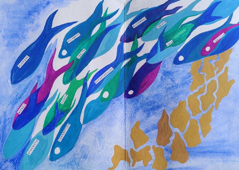 A picture of painted fish, each with inspirational words on